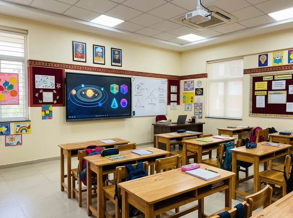 AI-generated concept illustration of a classroom with a digital board; not a photograph of SD Public School.