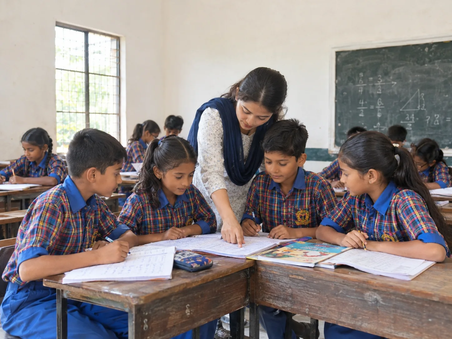 AI-generated concept of teacher guiding pupils in the checked school uniform