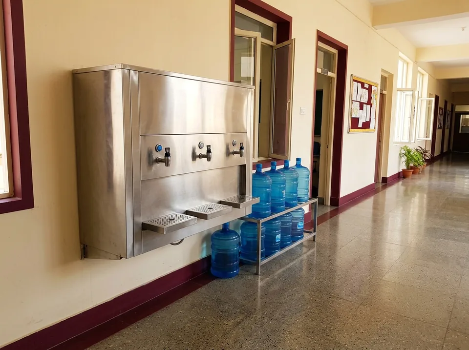 AI-generated concept illustration of a drinking-water dispenser; not an actual campus photograph.
