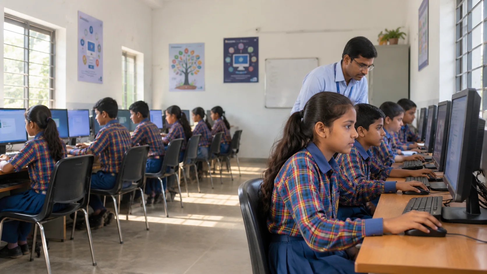 Illustrative computer lab with students wearing the school uniform