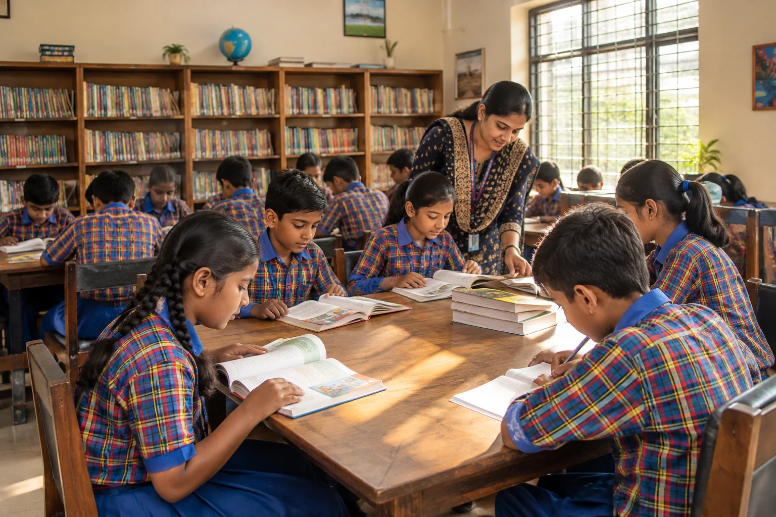 AI-generated concept of students reading together in the library