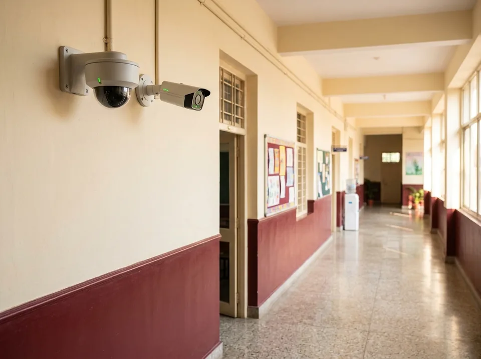 AI-generated concept illustration of a CCTV camera in a school corridor; not an actual campus photograph.