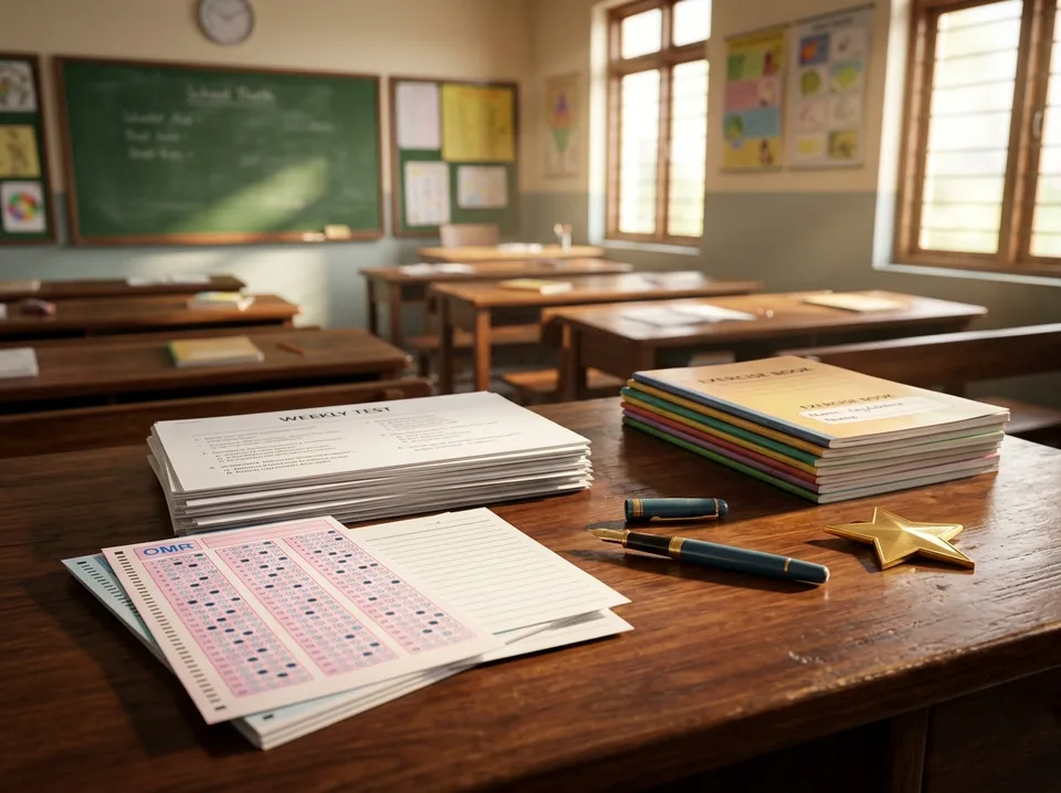 AI-generated concept illustration of weekly test papers; not actual school assessment records.